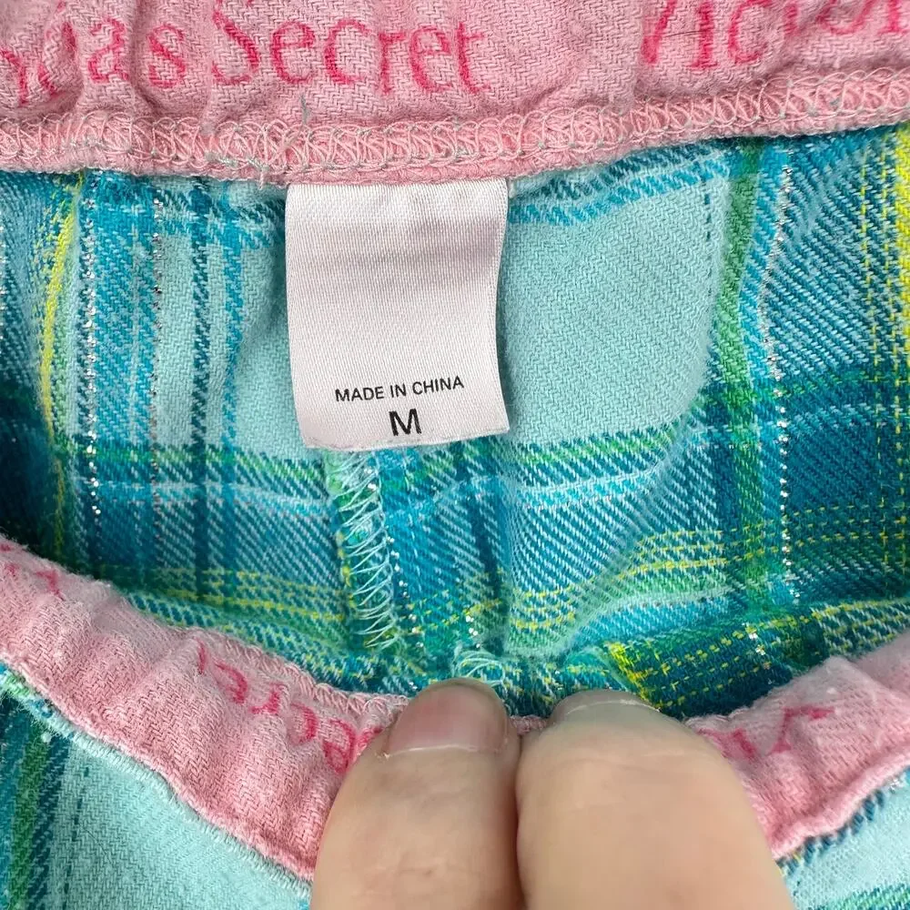 EUC Victoria’s Secret Pajama Pants M Plaid Blue Green Flannel Silver Threading